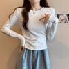 Spring new solid color bottoming shirt women's card waist pleated front shoulder long-sleeved shirt curved hem inner top
