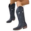Foreign Trade Large Size Star Totem Embroidered High Leather Boots Women's European and American Style Sewing Thread Pointed Thick Heel Western Boots