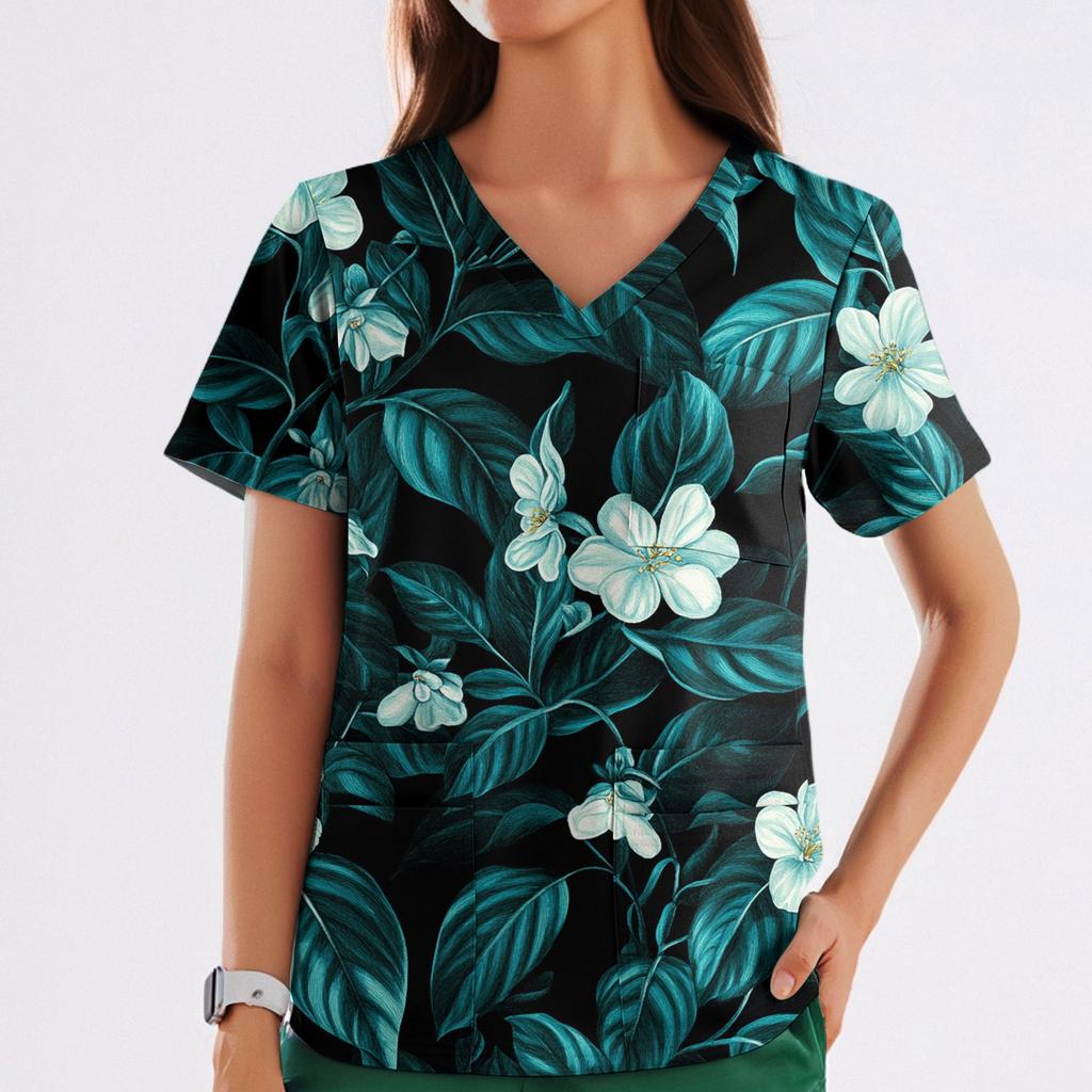 Damen Casual Bedrucktes V-Ausschnitt Taschen Seitennaht Schlitz Kurzarm Top