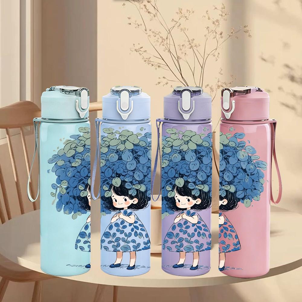 1PC Girl Big Blue Flower Hair Print 750ml Color Plastic Sports Water Bottle Leakproof Flip Straw Lid Suitable for Sports Office Home Use