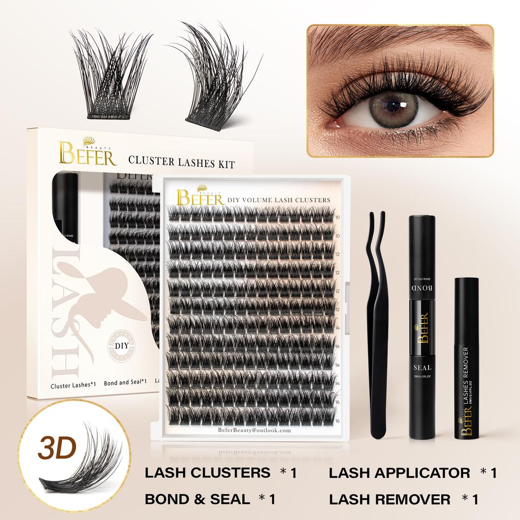 Befer Clusters Lashes Kit Natural Lash Clusters Set Hight Quality False Eyelashes DIY Lash Extension With Bond&Seal Glue Remover