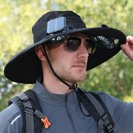 Fisherman Hat, Outdoor Sun Hat with Dual Power Solar USB Rechargeable Fan, Wide Brim Sun Protection Hat for Fishing Camping Hiking Gardening