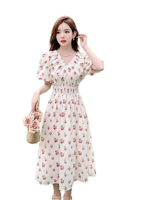 Women's Summer Floral Puff Sleeve Long Dress: Ladylike, Age-Reducing, Slimming Waist, Elegant Collared Design.