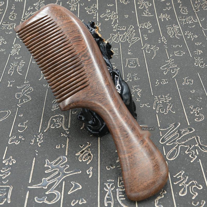 Black Gold Sandalwood Long Handle Wooden Comb - Large, Traditional Craftsmanship for Ladies.