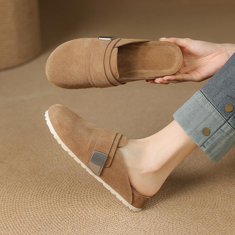 Fashion Round Toe Retro Genuine Leather Kid Suede Covered Toe Slippers Women Med Wedges Heels Leisure Soft Leather Mules Female 2025 New