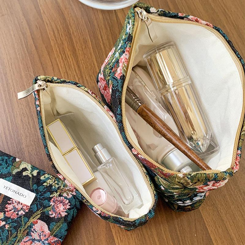 INS Style Vintage Flowers Cosmetic Bag Portable Hand Cosmetic Bag Travel Out Toiletries Storage Bag Makeup Tools Storage Pouch