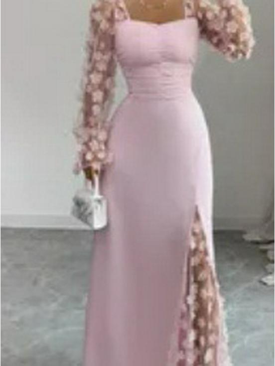 Cross-border Spring/Summer Mesh Long Sleeve Evening Gown with Waist-Cinching Slit and 3D Floral Design for Banquets