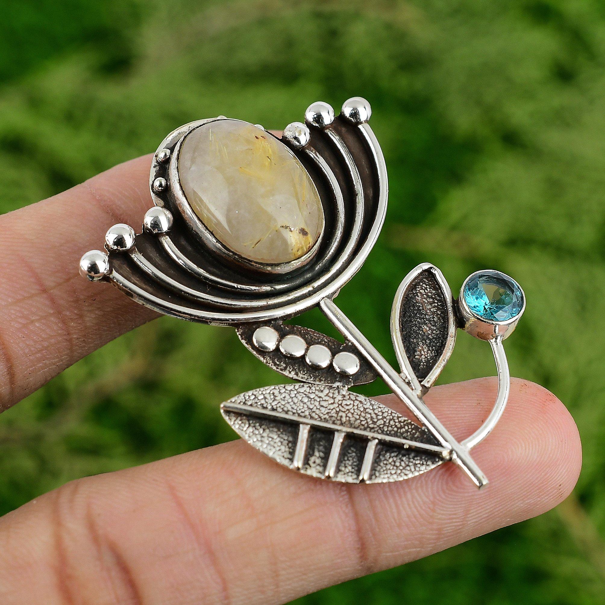 

Натуральный Золотистый Рутил Швейцарский Голубой Топаз Свадебный Кулон Лотос Серебро 925 пробы