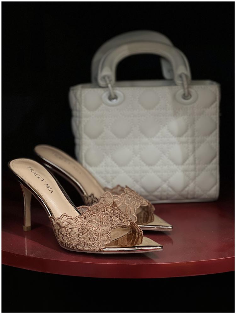 2026 Summer Champagne Gold Embroidered Pointed Toe Mules: Women's One-Strap Thin Heel Sandals