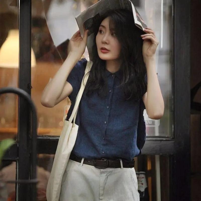 Women Point Collar Full Button Short Sleeve Solid Linen Casual Blouse