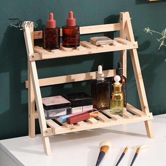 Wooden Desktop Storage Rack Double Layer Foldable Design Smooth Edge Burr Free Decorative Plant Stand Display Shelf