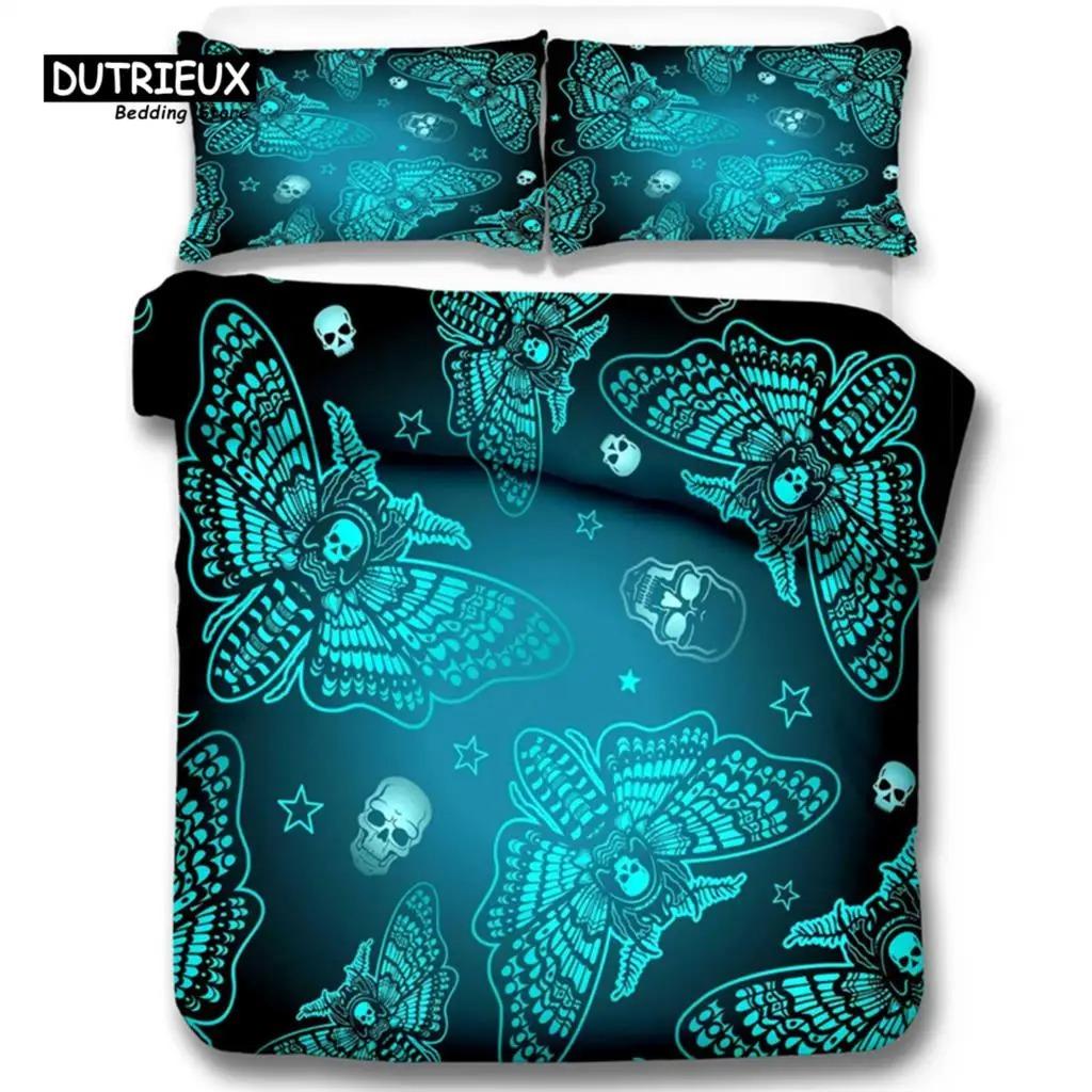 Gothic Skull Bedding Set Decorative Death Moth And Flowers Print Duvet Cover Personalized Skeleton Bones Butterfly Pillowcases