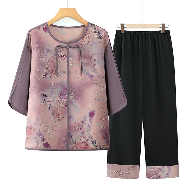 

Summer 2026 New Chinese Style Outfit: Two-Piece Shirt and Trousers Set for Middle-aged and Elderly Women 6XL - 160-175 jin фиолетовый