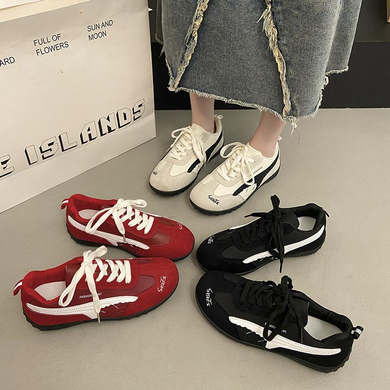 2025 Summer Thick-soled Inner Height-increasing Moral Training Shoes Women's White Splicing Retro Racing Shoes Breathable Casual Sports Board Shoes