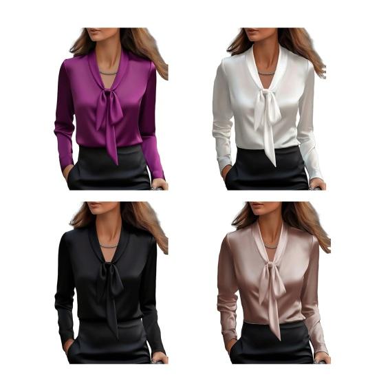 Yousheng Women Shirt V-Neck Lace-up Collar Long Sleeve Satin Texture Blouse Solid Color Regular Fit Office Lady Casual Tops