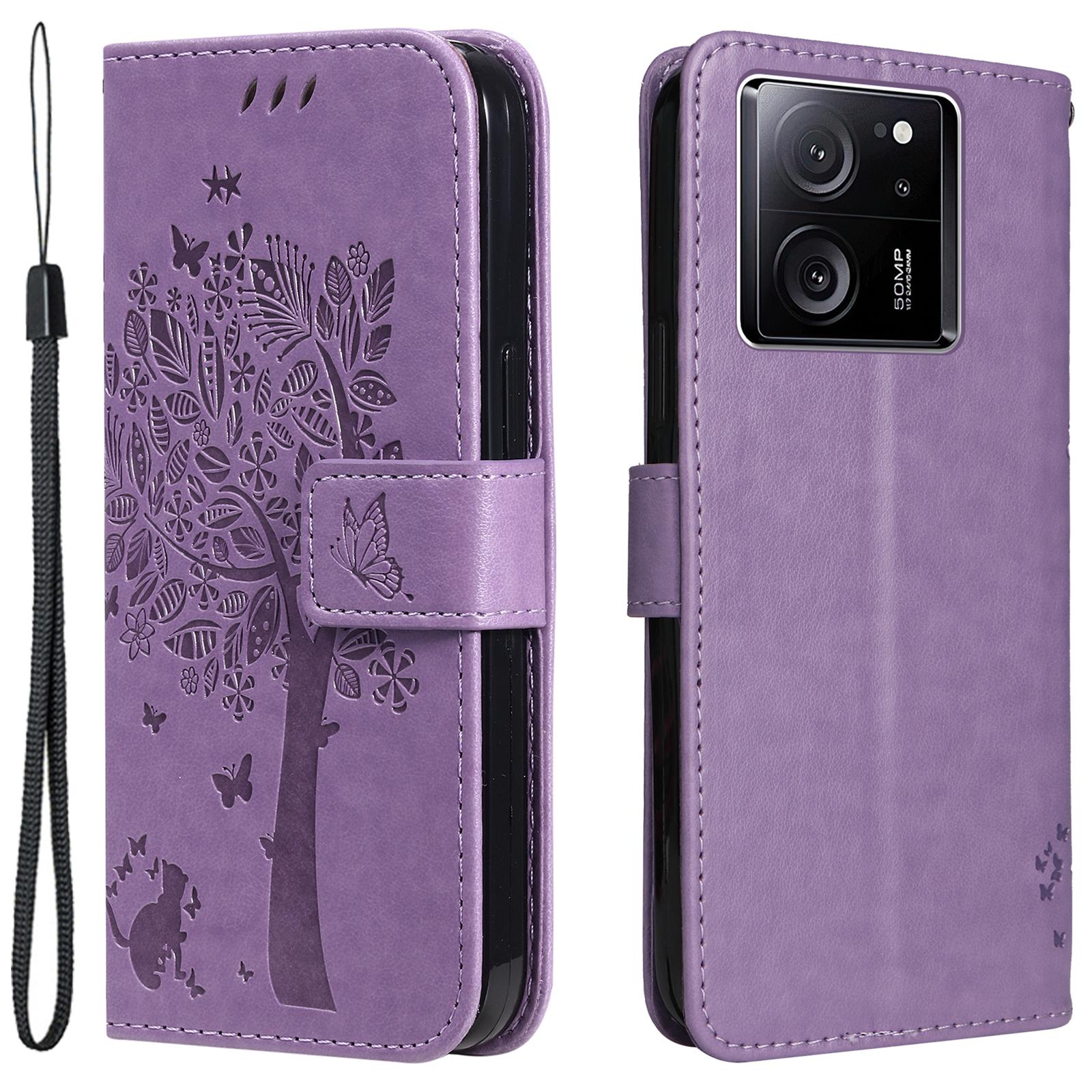 

For Xiaomi Redmi K60 Ultra/13T/13T Pro Phone Case with Stand Cat Tree Pattern Leather Wallet Mobile Cover Light Purple