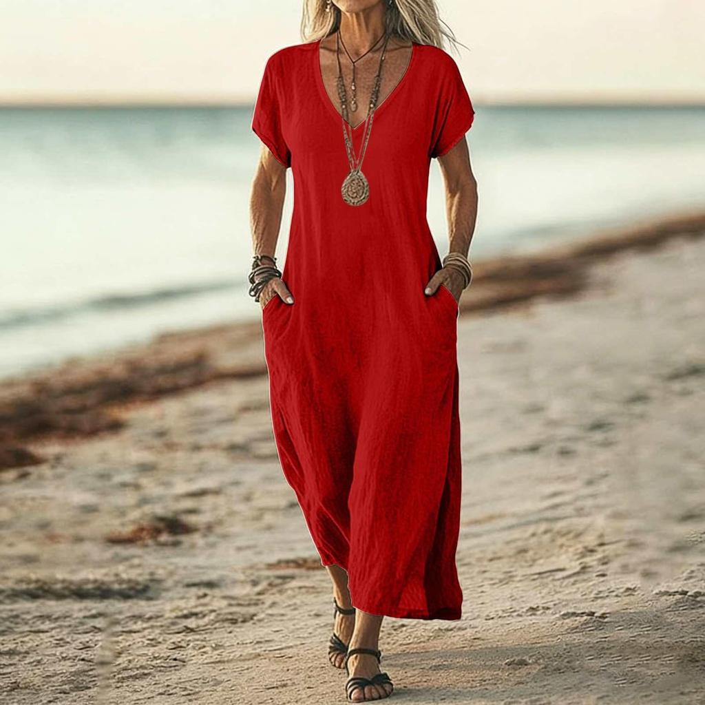 Casual V Neck Midi Sundresses for Women Loose Fit Dresses for Women Comfortable Summer Dresses Boho Dresses for Women 2026