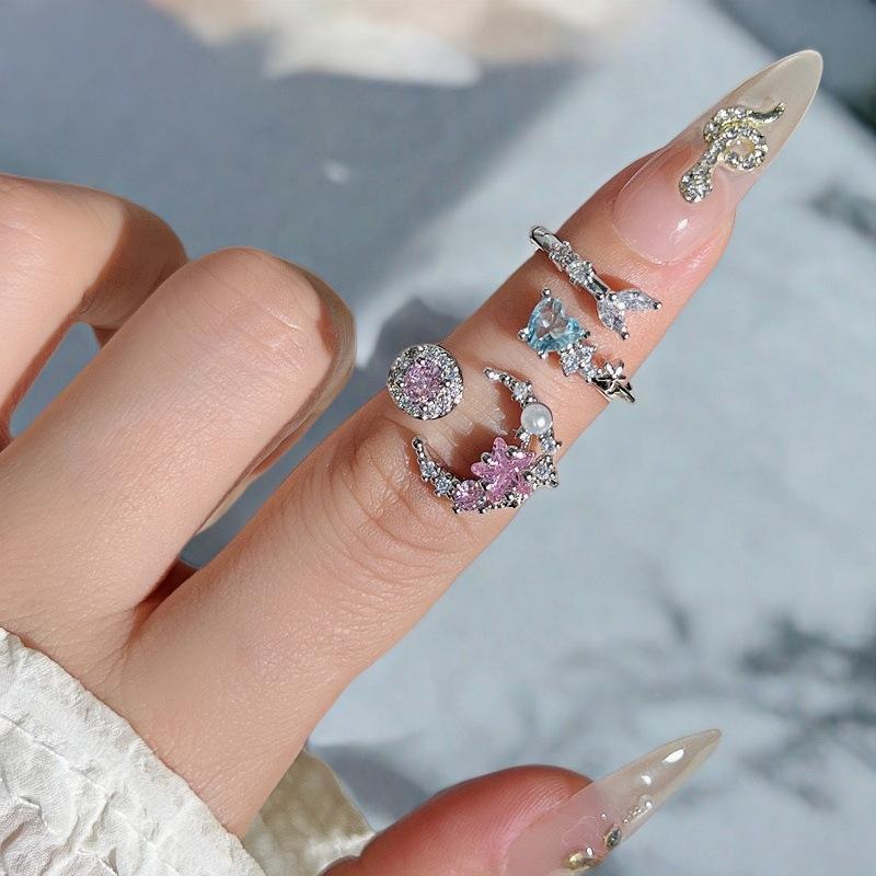 Niche Design Blue Love Zircon Fishtail Open Ring Light Luxury High Sense Pink Star Crescent Ring Woman