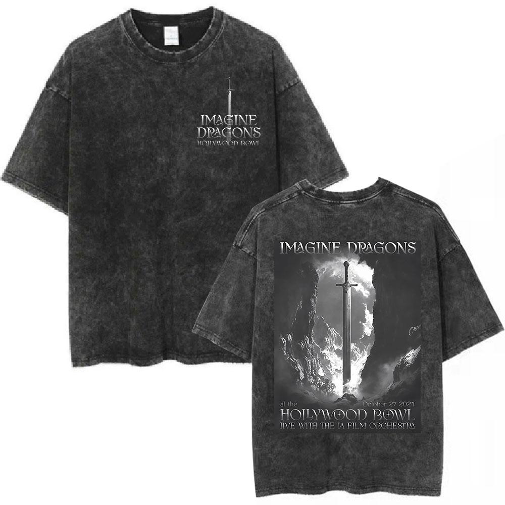 Imagine Dragons Band Loom World Tour Vintage Washed T Shirt Men Women Clothes Fashion Hip Hop Tshirt Cotton Loose Tshirts