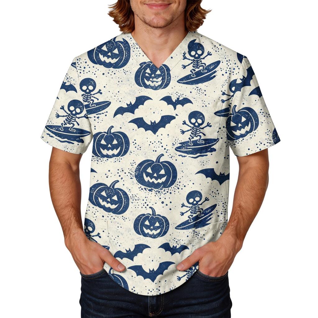 Men's Halloween Print V-Neck Short Sleeve Scrub Top with Pocket
