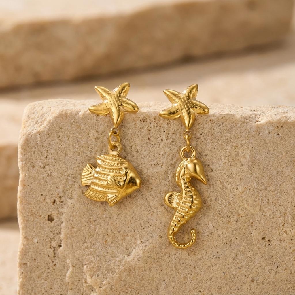 Stainless Steel Starfish Seahorse Dangle Earrings For Women Dainty Blue Rhinestone Seashell Drop Earrings Summer Beach Jewelry