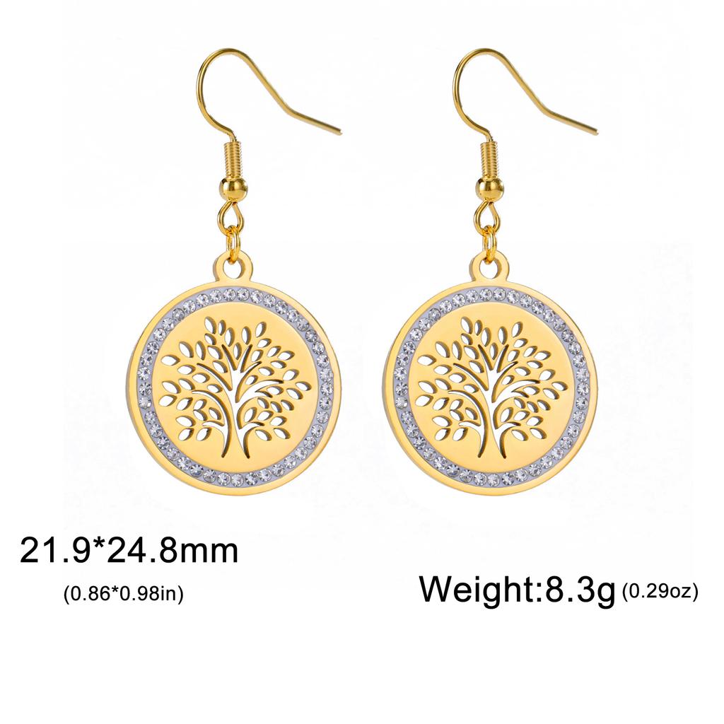 Tree of Life Women's Earrings Stainless Steel Gold Clear Zircon Round Pendant Dangle Earring Amulet Jewelry Gift