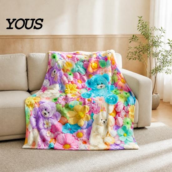Soft Texture Blanket for Couch Teddy Bear Floral Print Blanket, Super Plush Throw Cute Bunny Rabbit Decorative Puppy Pattern, Cozy Flannel Bedroom