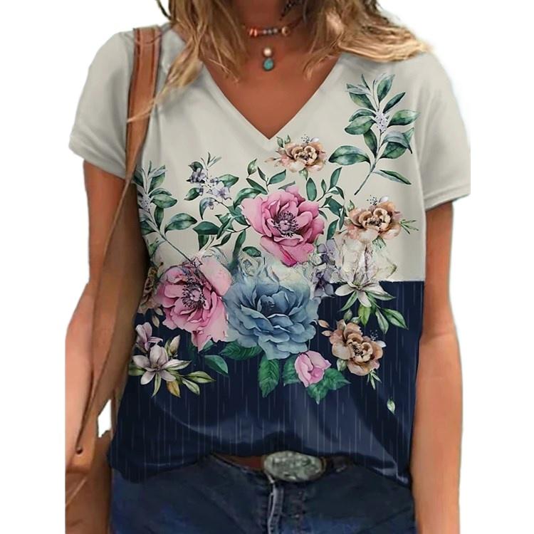 IHUASU Women's Pullover Round Neck Abstract Retro Print Street Short Sleeve Multicolour Loose Fit V-Neck T-Shirt