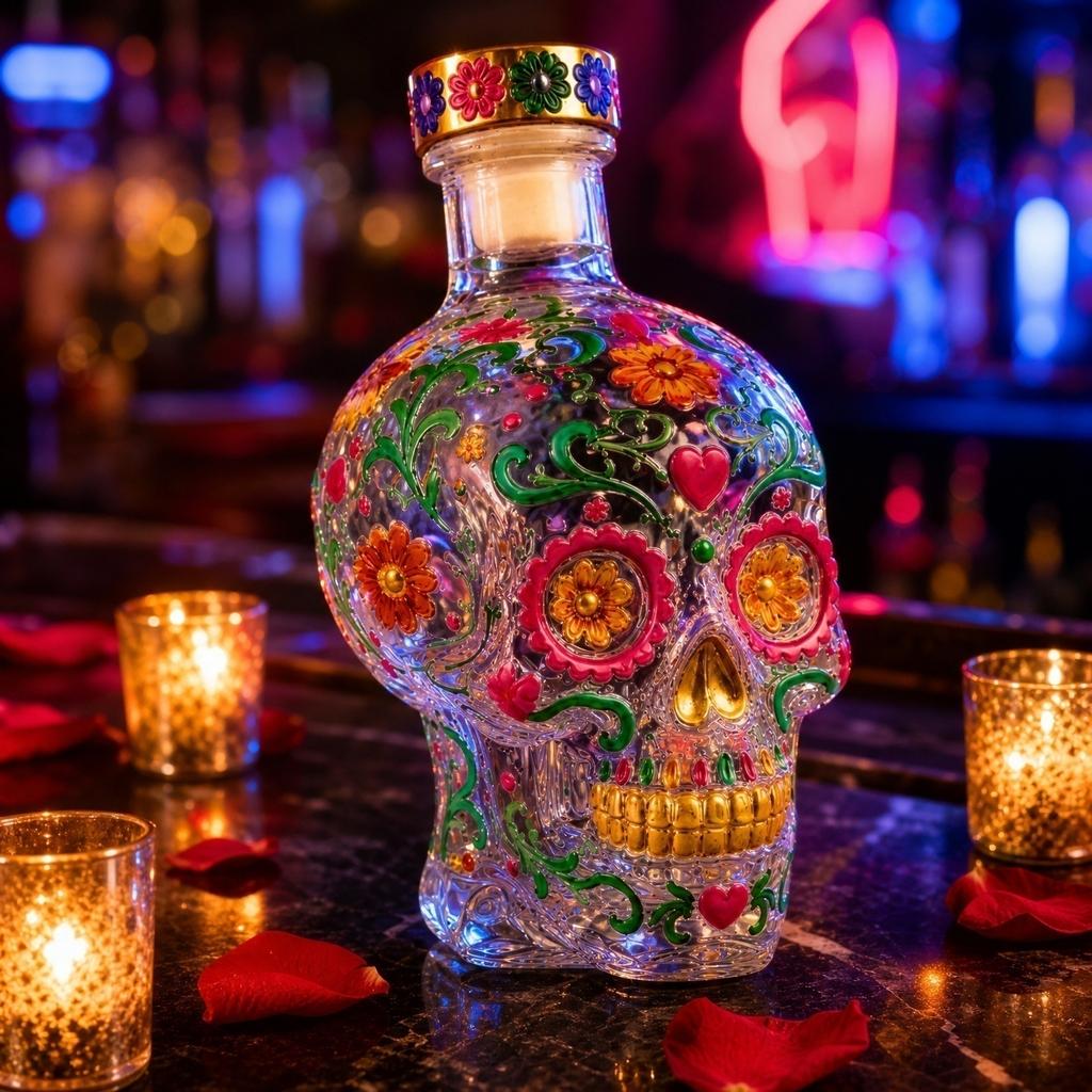 Garrafa de Vidro em Formato de Caveira com Design Embutido de Padrão Floral e de Coração Decorativo e Rolha de Cortiça para Armazenamento e Exibição de Bebidas Alcoólicas
