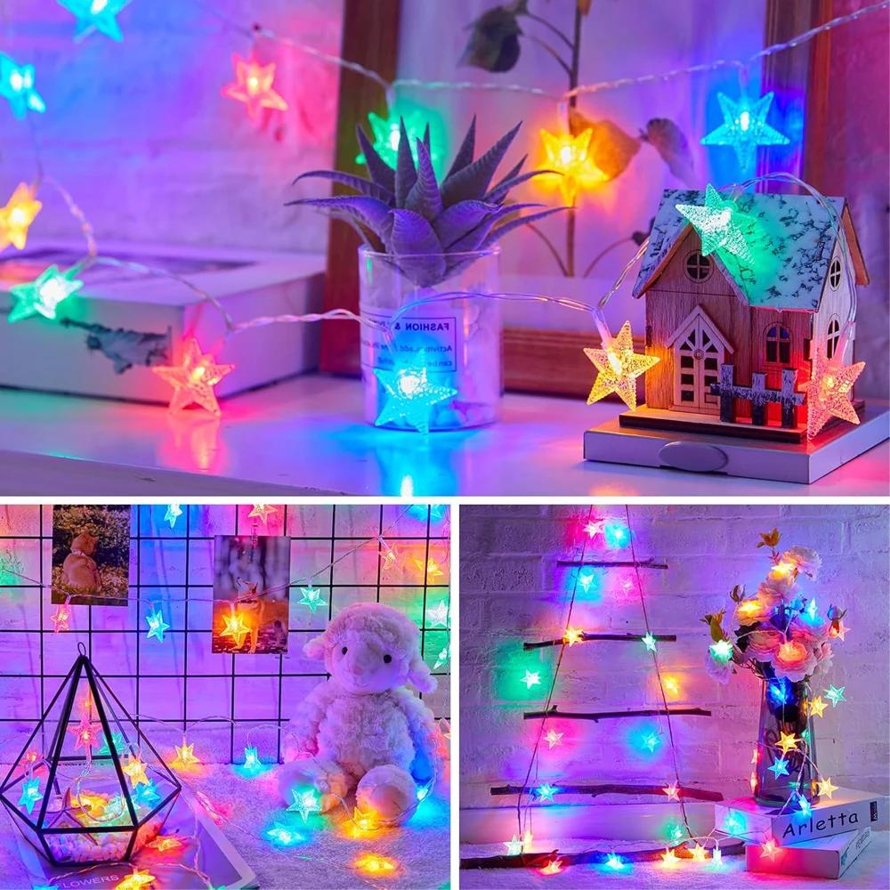 LED Colorful Star and Moon Decoration Atmosphere Lamp String Fairy Decoration Hanging Lamp for Home Garden Camping and Gathering