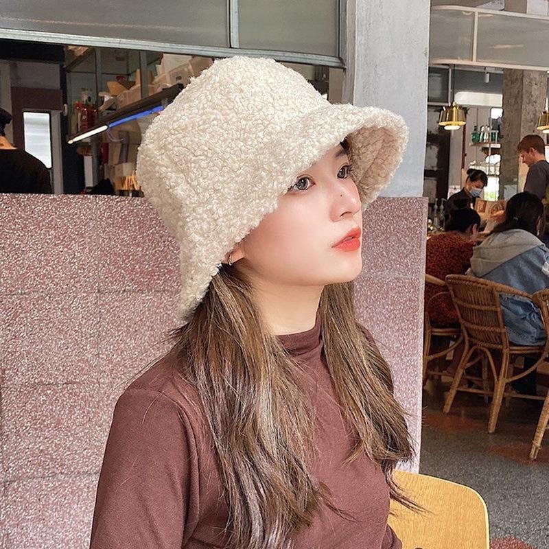 Lamb Wool Faux Female Hat Fur Warm Female Hat Faux Fur Winter Women's Bucket Hat Outdoor Sun Hat Lady Hat EMA