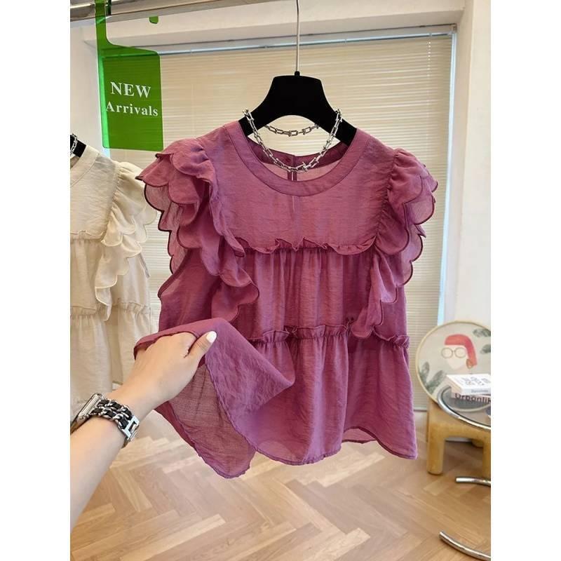 Women French Ruffle Flutter Sleeve Round Neck Shirt Sweet Doll Loose Blouse Summer New