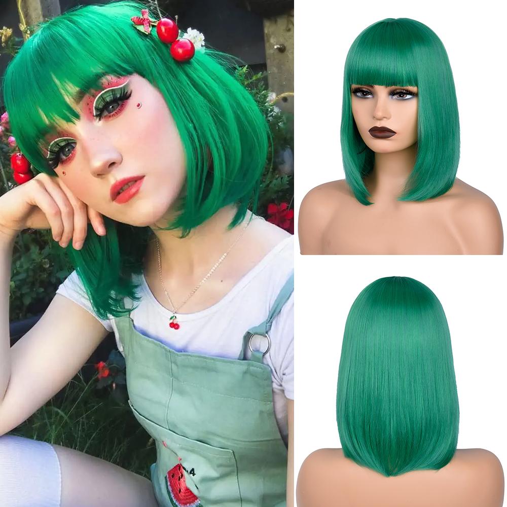 Professional  Short Straight Bob Wig for Women Synthetic Wigs Brown to Blonde Natural Fake Hair Heatresistant Wig Pink Wig With Bangs