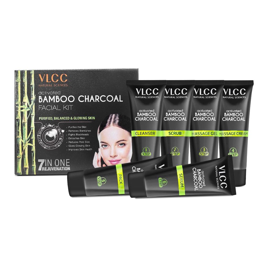 VLCC Activated Bamboo Charcoal Facial Kit 60g Pack of 1 for Purified Balanced Glowing Skin Care