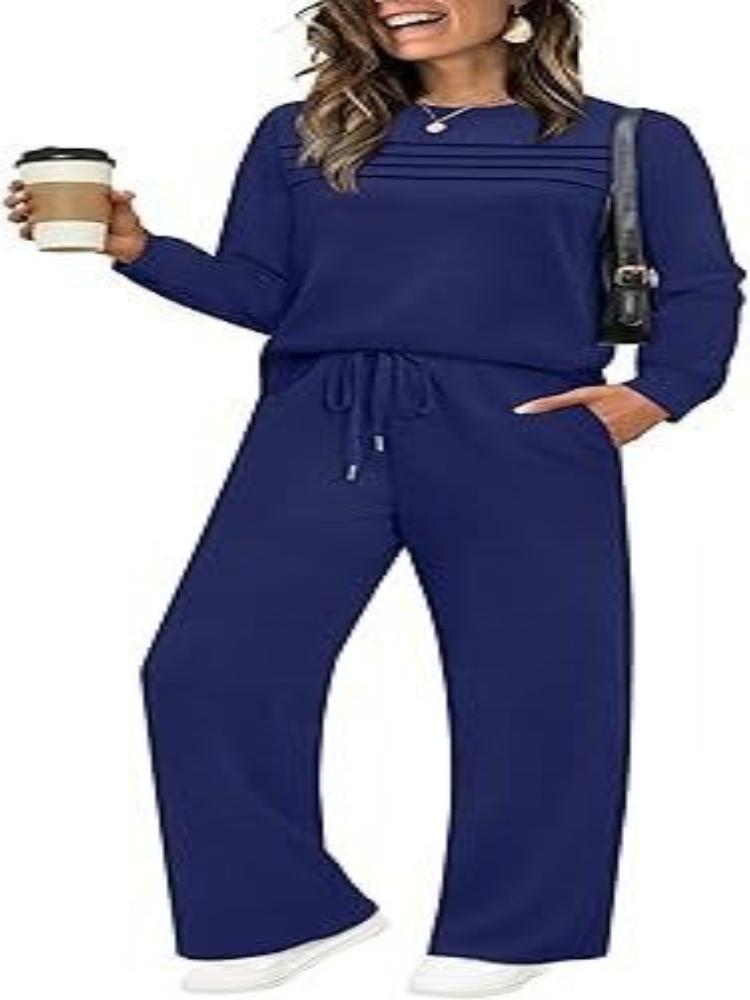 Dark Grey Ribbed Knit Two-Piece Set with Drawstring Waist Pants