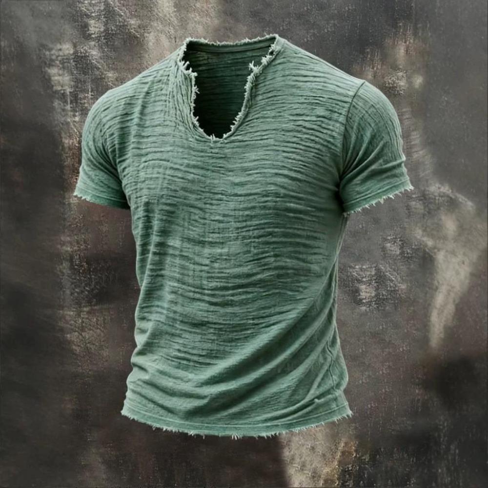 2026 Solid-color Men's Retro Cotton-Linen Mustache Edge Special V-Neck Short-Sleeve T-Shirt