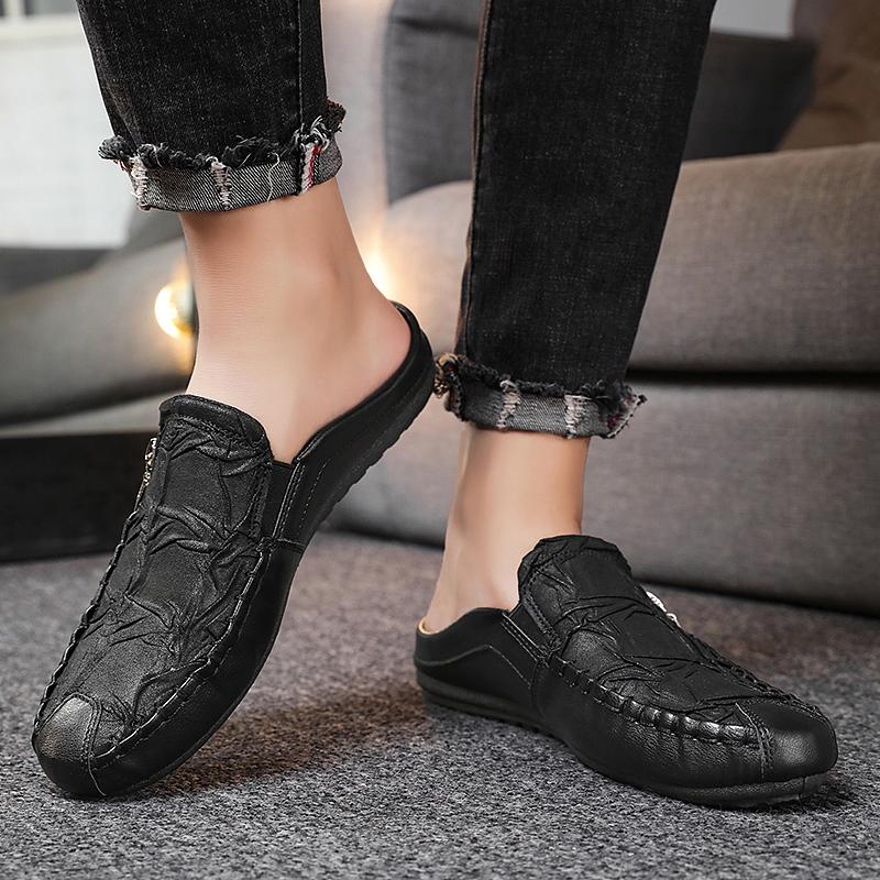 Fashion leather Mens Half Slippers Breathable Mens Casual Shoes Outdoor Men Loafers Lazy Shoes Flats Comfortable Male Sneakers