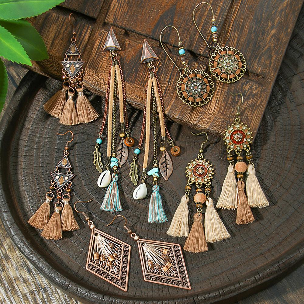 

Вінтажні сережки в стилі бохо з довгою підвіскою-китицею, коричневі сплавні сережки-крапельки, прикраси для святкової вечірки, подарунки для щоденного носіння, універсальні