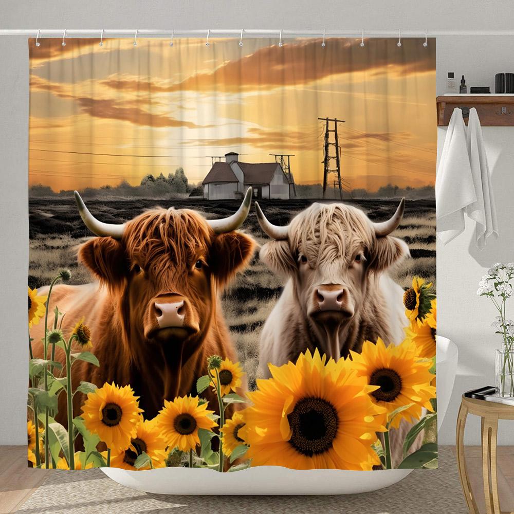 Farm Funny Animals Shower Curtain Highland Cow Cat Sunflower Floral Rustic Country Home Polyester Fabric Curtains Bathroom Decor