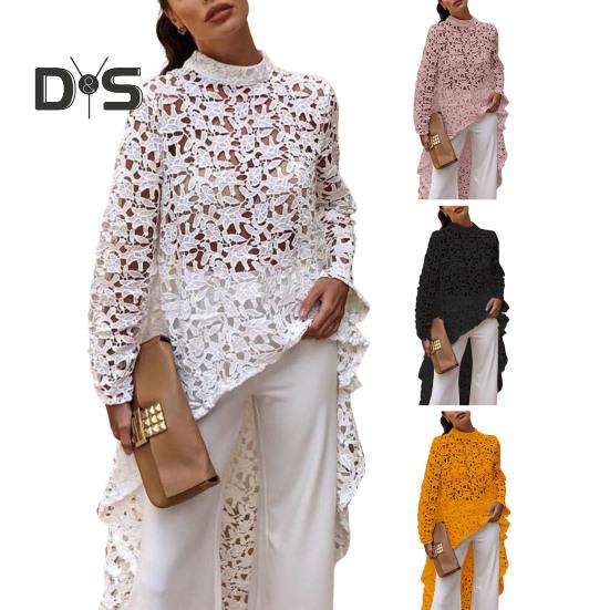 Women Long Top Cutout Irregular Crochet Lace Floral Patchwork See-through Short Front And Long Back Blouse Half-High Collar Long Sleeve Dress
