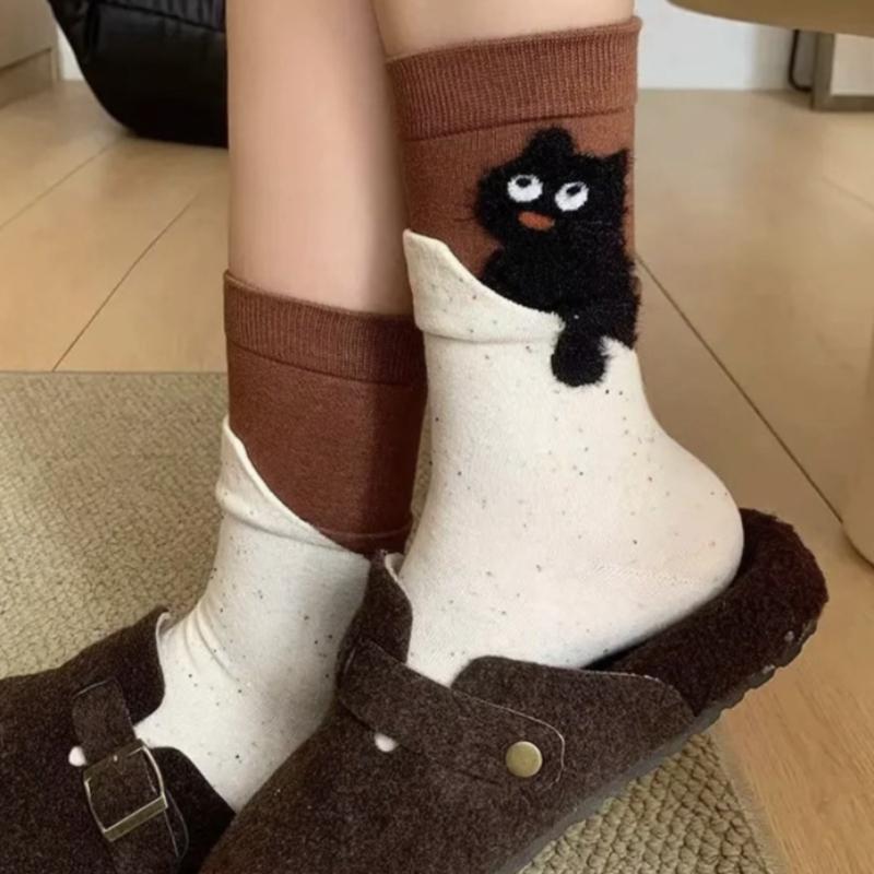 Roliga Tecknade Kattstrumpor Dam Höst och Vinter Tjock Bomull Mellanlånga Strumpor Varma Mysiga Sovande Hem Golv Djurmönstrade Strumpor