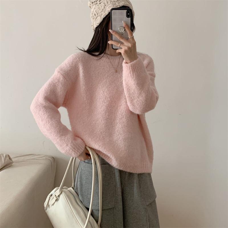 

Мягкая восковая круглая пряжа пуловер с круглым вырезом вязаный свитер осень и зима новый ленивый ветер свободный и тонкий свитер для женщин One size розовый