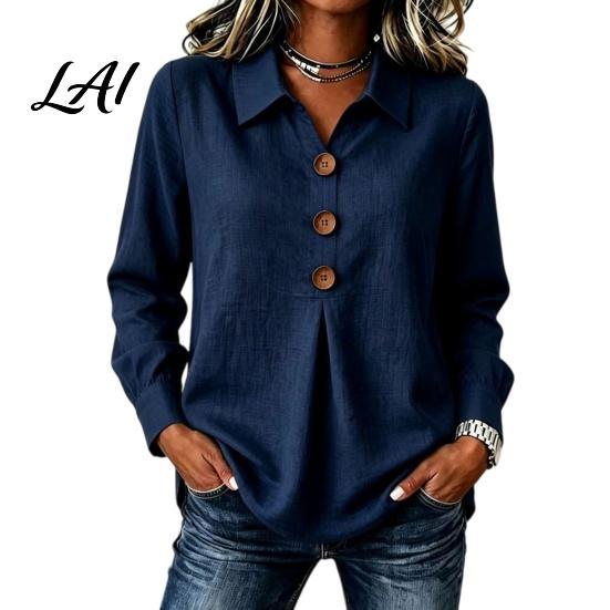 Comfortable Spring Autumn Blouses Women Button Down Shirt Blouse Long Sleeve V Neck Loose Flowy Wrinkle Resistant Moisture Wicking Shirts Breathable