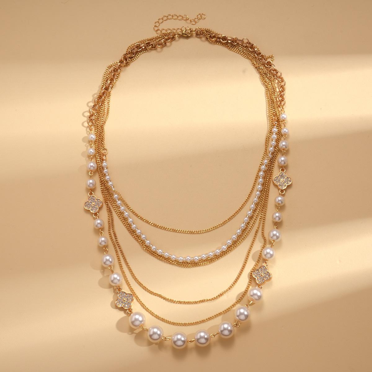 Многослойная цепочка для свитера с имитацией бриллиантов и жемчугом, круглая цветочная, барочное ожерелье