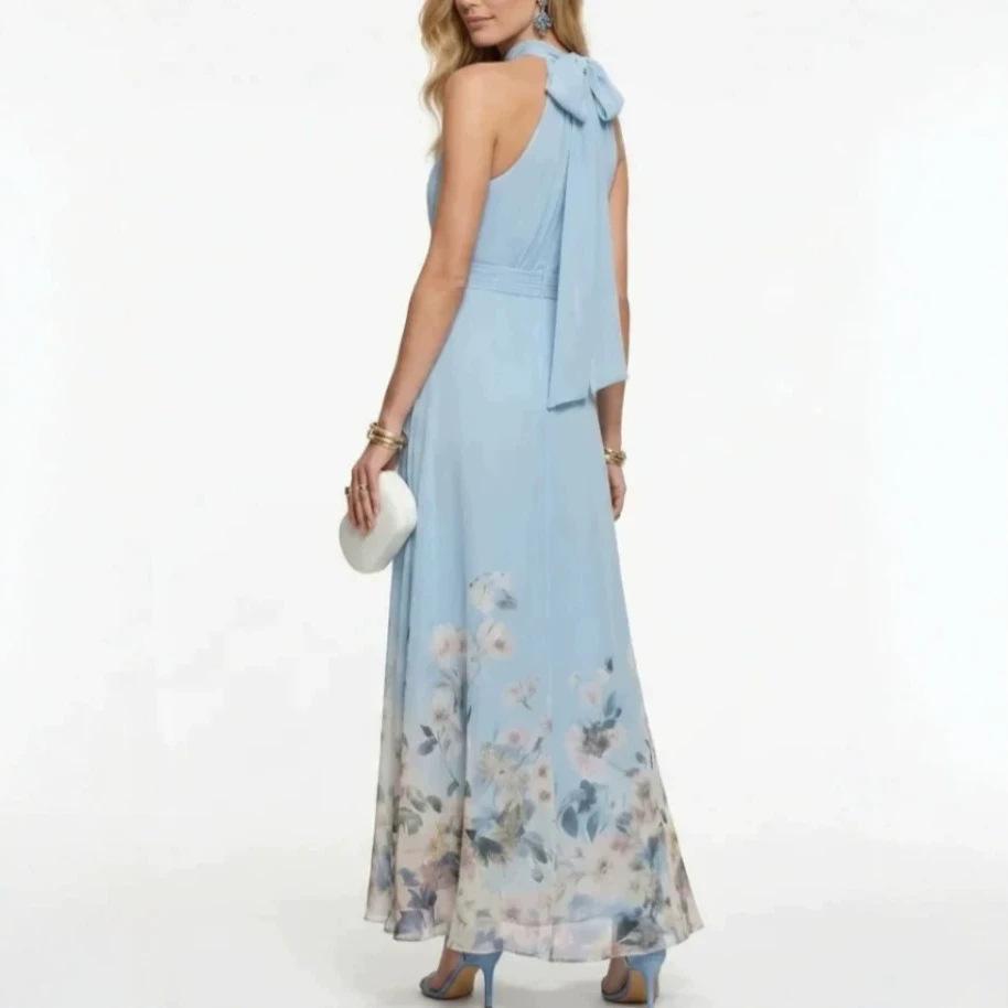 2026 New European and American Neck Sleeveless Lace-up Printed Elegant Temperament Long Dress