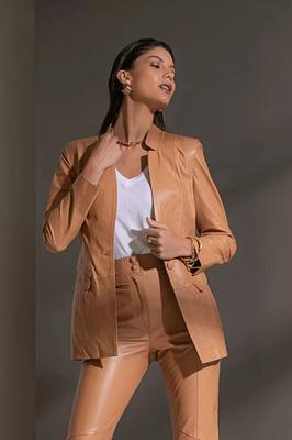 Stylish Wear Beige Button Blazer Leather Real Lambskin Genuine Women's