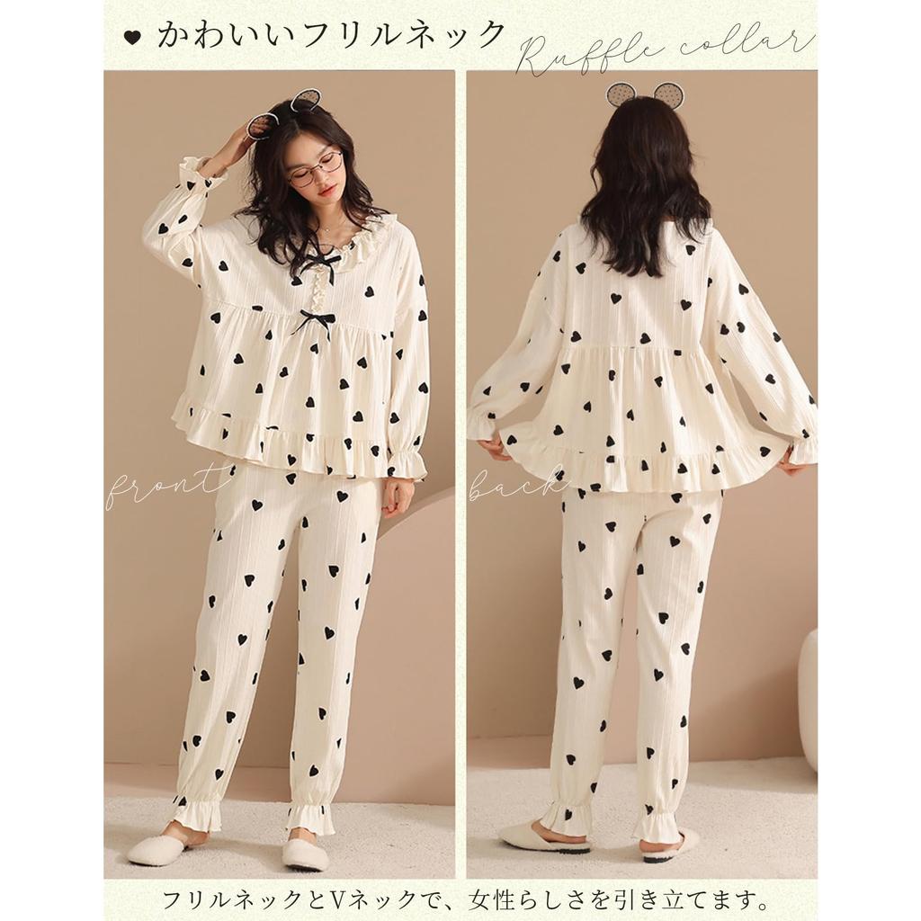 Tamglean Quion Heart Print Pajama Perfect for Spring and Cute Long Loose Plus Ribbon Detail Women's V-Neck Set, Autumn, Lightweight, Ruffled,
