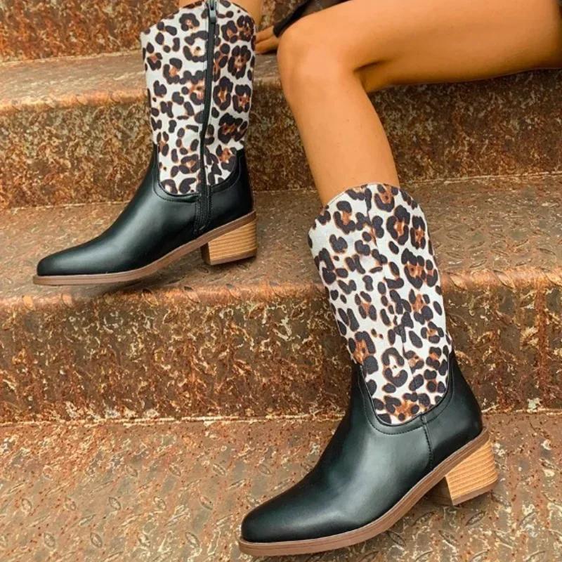 Fashion Mid-heel Chelsea Boots Women Leopard Print Fashion Warm Boots 2024 Brand Design Winter Punk Thick-soled Womens Boots Botas Mujer