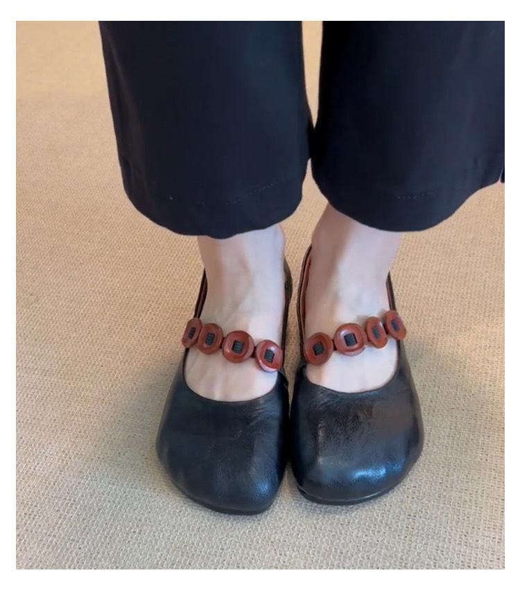 Leather French retro round head thick heel single shoes women's autumn new one-word with shallow mouth Mary Jane shoes ballet shoes