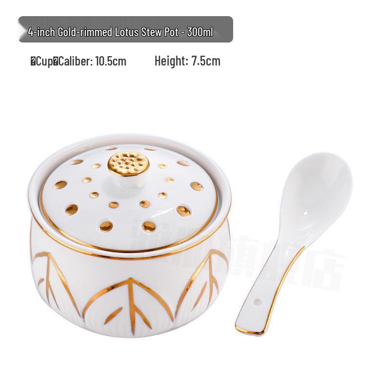 Keramik-Schmortopf mit Deckel, goldrandig, für den gewerblichen Gebrauch: Ideal für Vogelnestersuppe, gedämpfte Desserts und Eier.